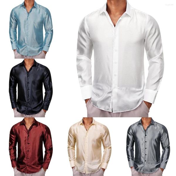 Herren-Freizeithemden, Seidensatin, für Männer, Schwarz, Weiß, Rot, Blau, Silber, Gold, Beige, einfarbig, langärmelig, Slim-Fit, männliche Blusen, Tops, Barry Wang