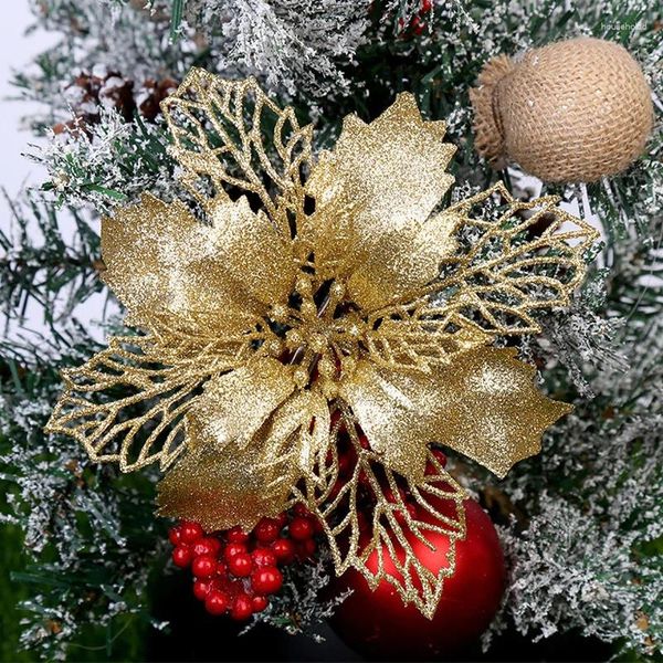 Fiori decorativi 5 pezzi Glitter oro Stella di Natale artificiale Ornamenti natalizi per ghirlanda di alberi Decorazione floreale fai da te