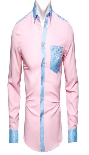 Herren039s-Kleiderhemden BarryWang Pink Solid Blue Floral Splicing Shirt Man Long Sleeve Casual Soft For Men Designer Fit BCY03131092483