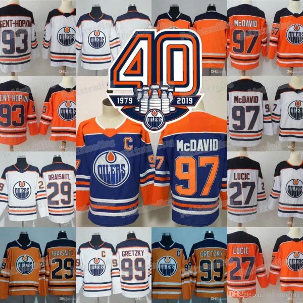 2018-19 Edmonton'''Oilers'40th Patch 27 Milan Lucic 93 Ryan Nugent-Hopkins 97 Connor McDavid Wayne Gretzky Leon Draisaitl Cam Talbot Jersey