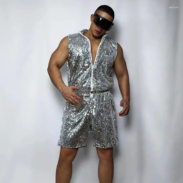 Sahne Giyim Altın Gümüş Kolsuz Fermuar Tulum Erkek Caz Hip Hop Dans Tulumları Kostüm Bar Gece Kulübü DJ Gogo Performansı