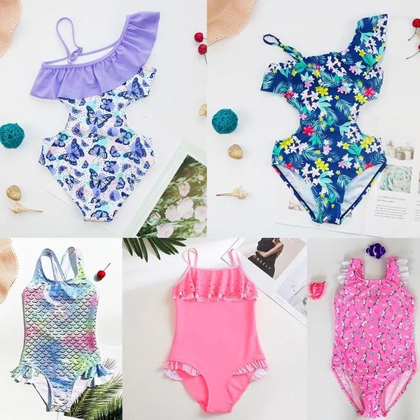 Damen-Bademode, Mädchen-Badeanzug, einteiliger Rüschen-Bikini-Badeanzug, niedliches Blumenmuster, für Kinder, 2024, Sommer, Strandmode, 2–14 Jahre