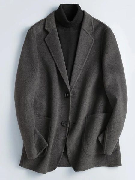 Trench da uomo High End Chic Uomo Blazer in lana Autunno Inverno Business Casual Giacca Cappotto Elegante lusso Solido Nero 2024 Capispalla