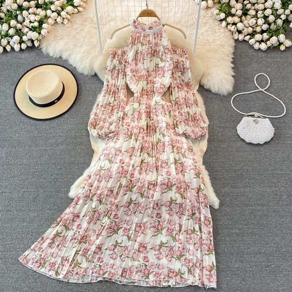 Freizeitkleider Damen Neckholder Bedrucktes Blumen-Chiffon-Kleid Schulterfrei Puffärmel Hohe Taille A-Linie Lang Frühling Sommer Elegant