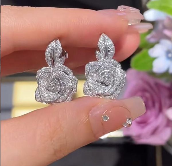 Choucong Funkelnde Ohrstecker, Luxus-Schmuck, verschmutzt, 100 % 925er Sterlingsilber, Pavé, weiß, natürlicher Moissanit-Diamant, Edelsteine, Party-Frauen-Blumen-Ohrring-Geschenk