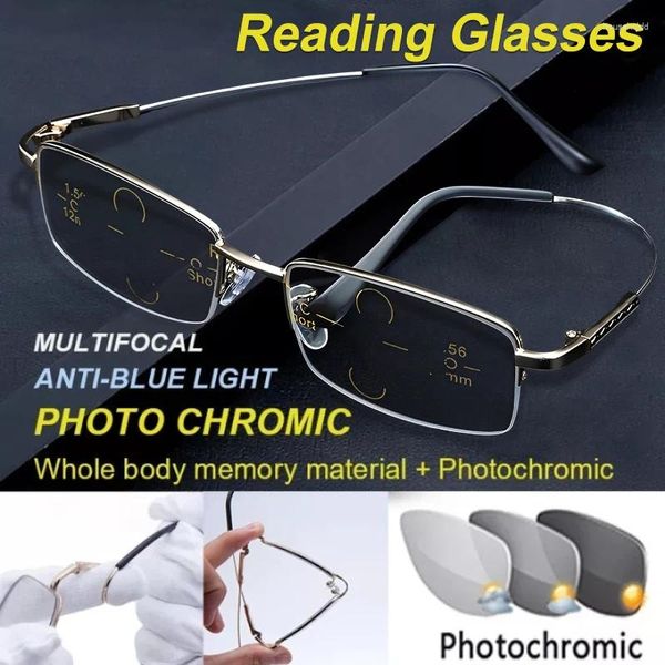 Óculos de sol Pochromic Reading Óculos Homens Mulheres Progressiva Multifocal Presbiopia Óculos 1.0 a 4.0 Metal Frame Eyewear Mens Gafas