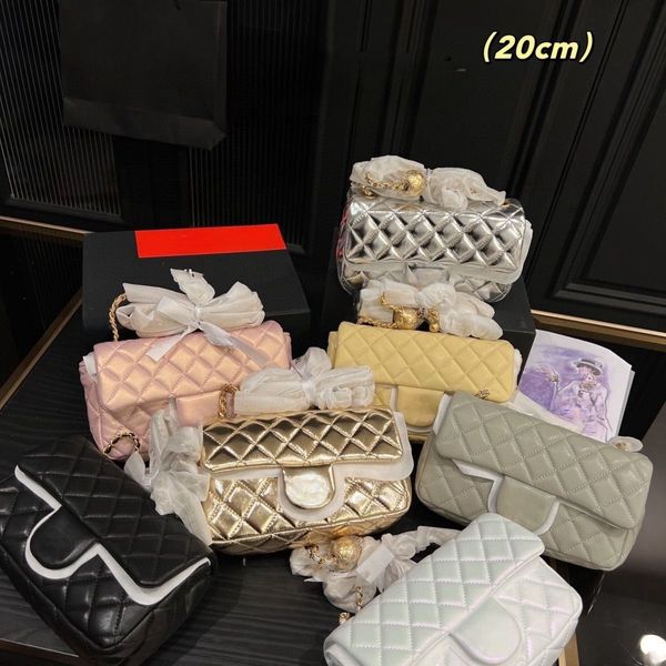 Bolsa de marca de moda 2024 Novo Mini CF Couro Genuíno Bola Dourada Quadrado Fat Man Ling Grid Chain Bag Crossbody Versátil Casual Pequeno Estilo Perfumado Bolsa Feminina