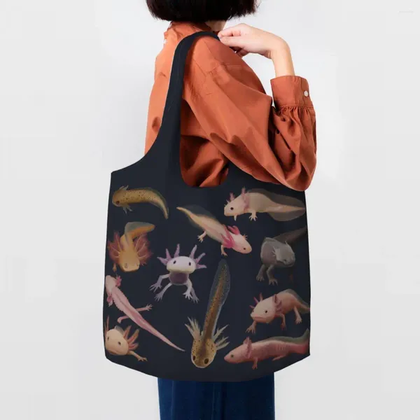 Borse per la spesa Tagliata Axolotl Tote per la spesa Donna Divertente Salamandra Borsa a tracolla shopper in tela per animali Borse di grande capacità