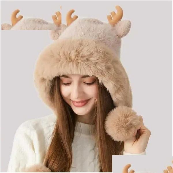 Beanie / Skull Caps Beanie / Skl Caps Chapéus de inverno para mulheres Antler Knit Cap Engrossado Proteção de Ouvido Desenhos Animados Manter Quente Faux Fur Beanie Dh30F