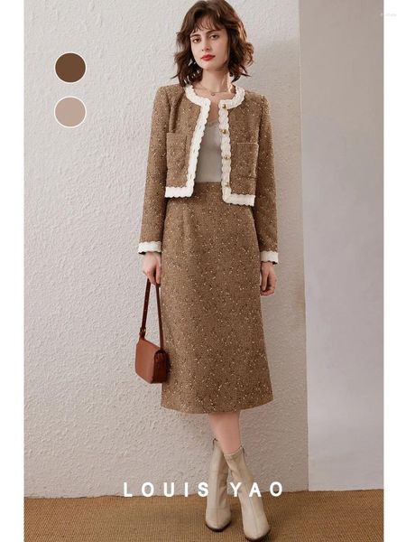 Arbeitskleider LOUIS YAO Frauen Zweiteiliges Set 2024 Winter Ankunft Elegante Modische Rundhals Spitze Jacke Halbrock Damen Anzug