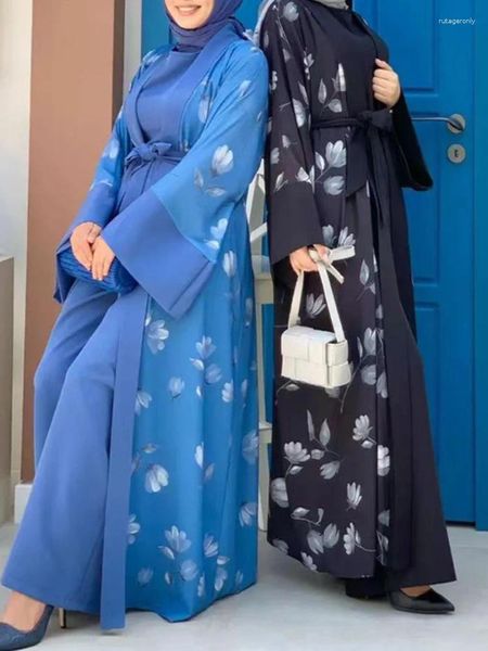 Etnik Giyim Ramazan Eid Fas Parti Elbise Kadınlar İçin Kemer Kaftan Abaya Jimpsuit 2 Parça Set Dubai Arap Dantel Up Robe Djellaba Femme