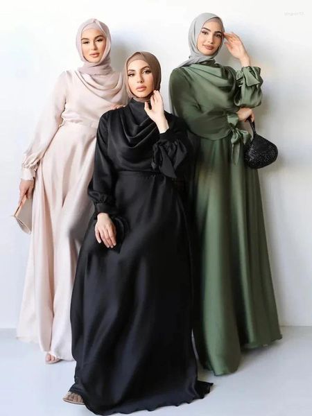 Roupas étnicas Eid Muçulmano Abaya Vestido de Cetim para Mulheres Dubai Árabe Abayas Festa Kaftan Islam Modest Long Robe Gracioso Tornozelo Comprimento Marrocos