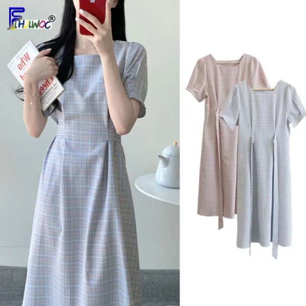 Платья винтажные платья горячие продажи женщина лето с коротким рукавом милый сладкий корея в стиле Япония Дизайн Голубо -розовый платье для решетки 6815
