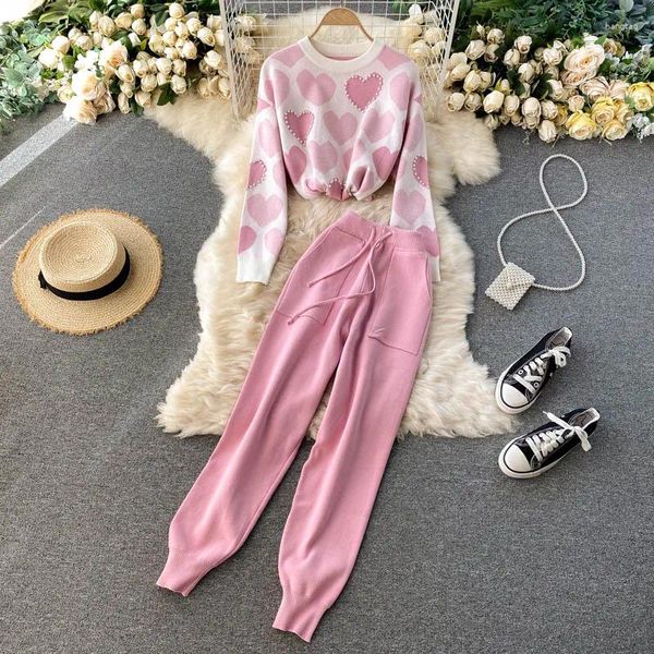 Pantaloni a due pezzi da donna Moda Amore Stampato lavorato a maglia Peice Suit Donna Maglione Top Colori solidi Casual Donna coreana Set 2024