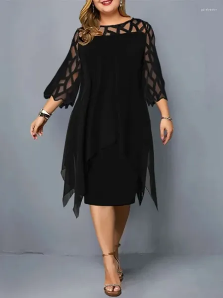 Abiti casual Vestito da festa per le donne Manica in pizzo paffuto Scava fuori Solido Elegante Midi Xxl O Collo Abbigliamento donna sexy da sera 2024