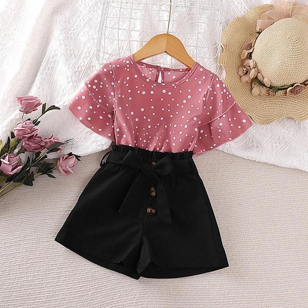 Kleidung Sets Kinder Sommer Niedlichen Ausländischen Stil Polka Dot Kurzarm Tops Und Shorts Mädchen Baby Mädchen Blumen Wrap