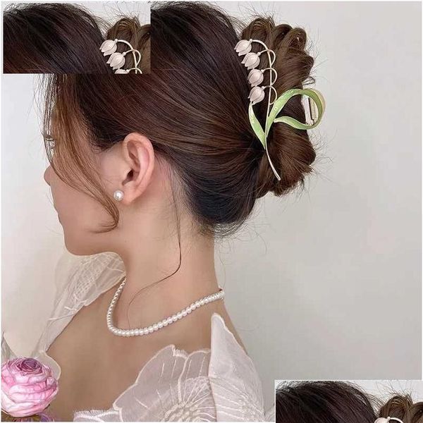 Copricapo Accessori per capelli Copricapo Accessori per capelli 2022 Nuovi fiori eleganti coreani Grande artiglio in metallo Coda di cavallo Donna Farfalla Squalo Dhwua