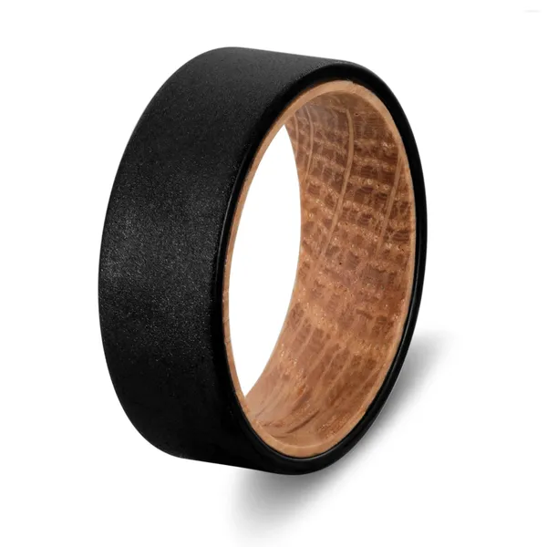 Anéis de casamento Poya personalizado jateado 8mm barril de uísque forro de madeira anel de carboneto de tungstênio preto para homens
