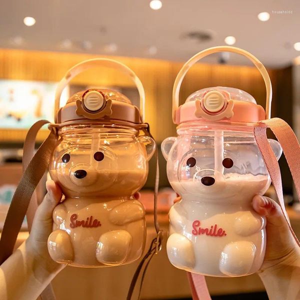 Garrafas de água 1 litro garrafa de urso dos desenhos animados copo de plástico com palha bonito beber caneca portátil crianças kawaii cinta chaleira