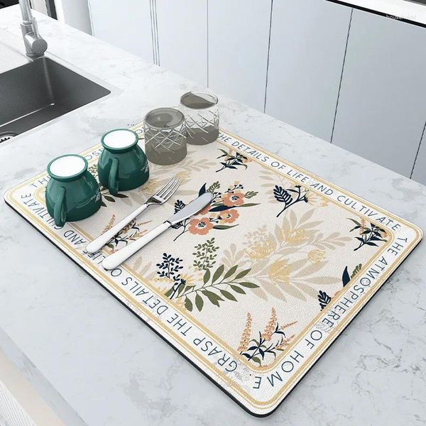 Tapetes de mesa flor impressão dreno almofada de borracha prato secagem esteira super absorvente utensílios de mesa de café garrafa tapete cozinha louça placemat