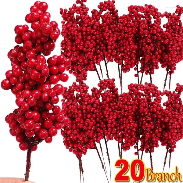 Flores decorativas 1/20 pçs frutas artificiais decoração de natal ramos de frutas vermelhas para festa de árvore de natal enfeites de mesa em casa grinalda de frutas