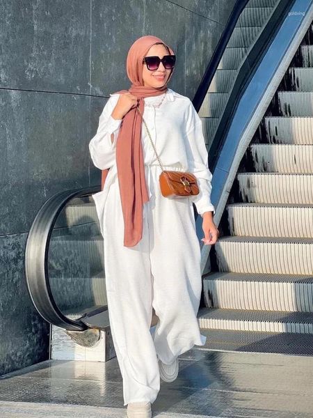 Roupas étnicas Modest Eid Muslim Mulheres Conjuntos Conjunto Duas Peças Único Botão Botão Camisa Blusas Sólidas Calças Largas Perna Árabe Islam
