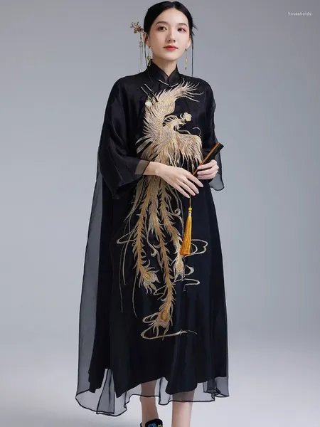 Casual Kleider Chinesischen Stil Hanfu Exquisite Phoenix Stickerei Für Frauen Retro Stehkragen Schwarz Elegante Lose Party Midi Kleid