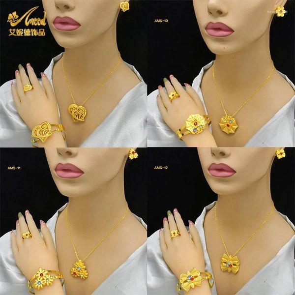 Halskette Ohrringe Set ANIID Dubai Indische Blume Bunte Zystal Schmuck Sets Für Frauen Äthiopische Arabische Braut Gold Farbe Geschenk Großhandel