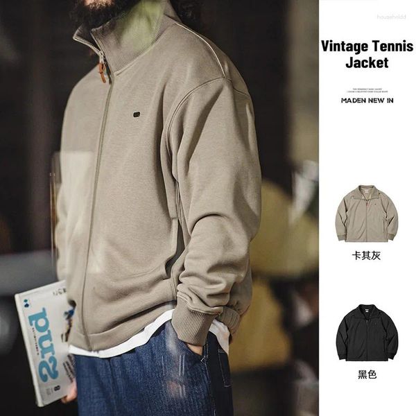 Jaquetas masculinas maden casual esportes jaqueta de tênis 350g vintage gola alta lã quente 2024 outono inverno roupas marca outwear