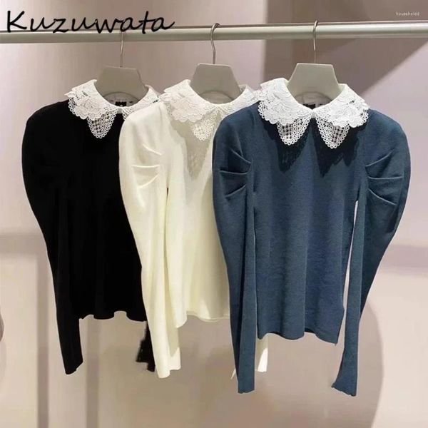Suéter feminino kuzuwata, manga bufante doce, gola peter pan, jumper sólido, casual, elegante, renda removível, pulôveres da moda japonesa