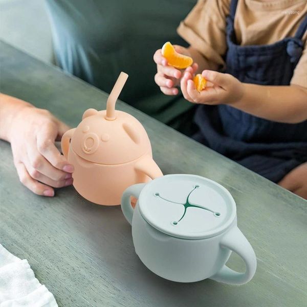 Wasserflaschen aus lebensmittelechtem Silikon, Baby-Lerngetränkebecher, Kinder-Anti-Fall-Snack, 2-in-1-Strohhalm