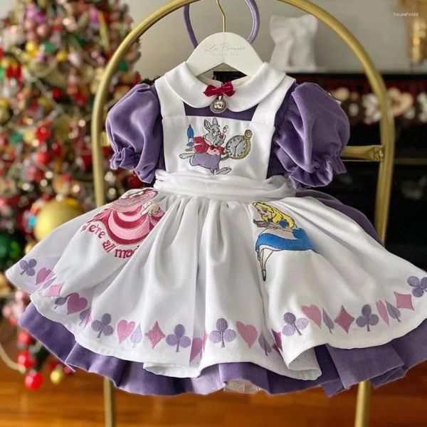 Kız Elbiseler 0-12y Bebek Sonbahar Kış Mor Mor Velvet Alice Nakış Vintage Prenses Balo Elbise Noel Eid Doğum Günü Nedensel