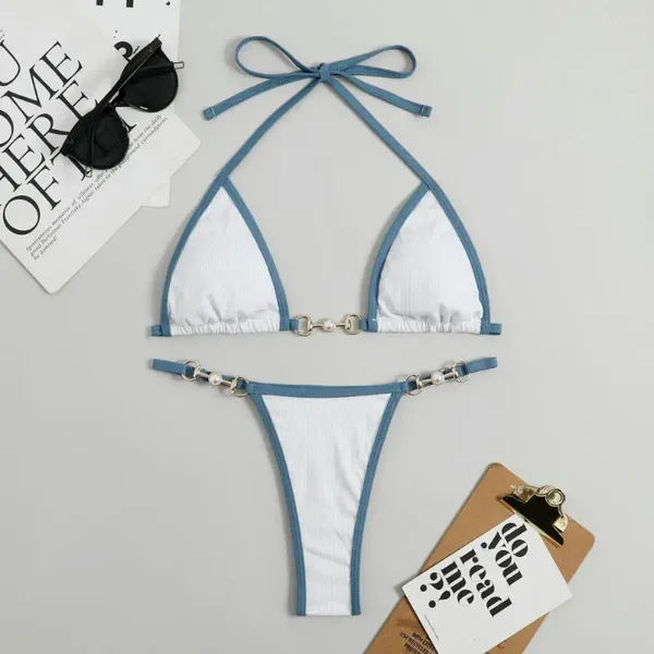 Damen-Badebekleidung, 2 Stück/Set, Damen-Bikini-Set mit drei Punkten, freiliegender, rückenfreier Damen-Badeanzug, Neckholder, Schnürung, Kunstperlen-Badeanzug