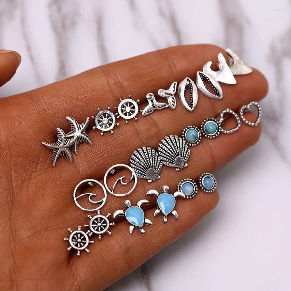 Ohrstecker Bohemian Starfish Wave Turtle Set für Frauen Vintage Ruder Herz Runde Ohrring Statement Schmuck 2024