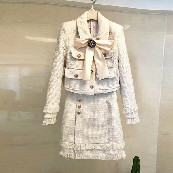Saia ternos mulheres pista de luxo designers elegante escritório senhoras formal tweed blazer jaqueta mini 2 peça conjunto roupas inverno 240202