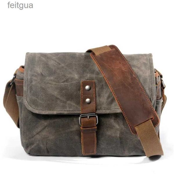 Bolsa de câmera acessórios masculina, bolsa de lona vintage de cera de óleo masculina casual crossbody para mensageiro homem viagem à prova de choque dslr yq240204