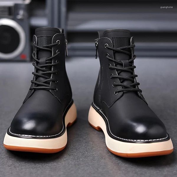 Botas Masculinas Lace-Up Confortável High Top Sapato 2024 Couro Genuíno Motocicleta Clássico All-Match Masculino Casual