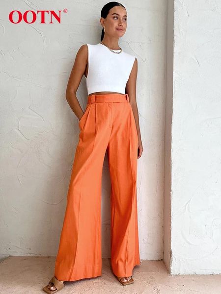 Frauen Hosen OOTN Sommer Chic Casual Orange Lange Baumwolle Leinen Lose Hosen Weibliche Taschen Hohe Taille Breite Bein Frauen 2024