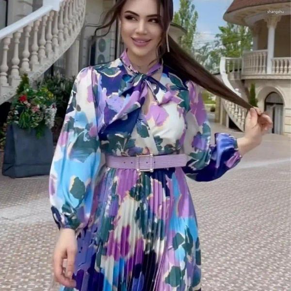 Vestidos casuais elegante para mulheres 2024 noite luxuosa feminina lenço floral colarinho vestidos senhoras cintura longa roupas de uma peça