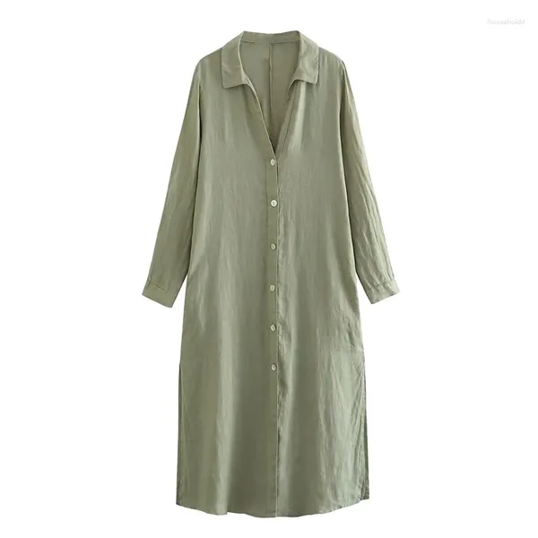 Abiti casual YENKYE 2024 abito camicia di lino con maniche arrotolate da donna colletto con bavero vintage femminile lungo sciolto