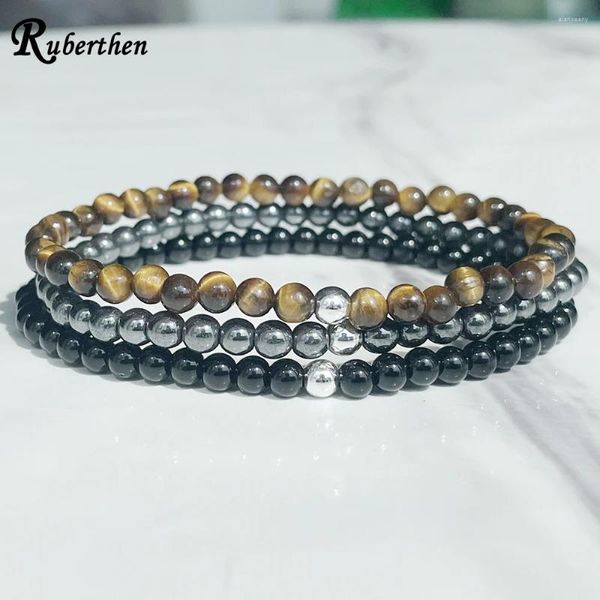 Strang Ruberthen 4 mm schwarzes Onyx-Tigerauge-Hämatit-Armband-Set für Damen, Mini-Edelstein-Handgelenk-Mala-Schmuck