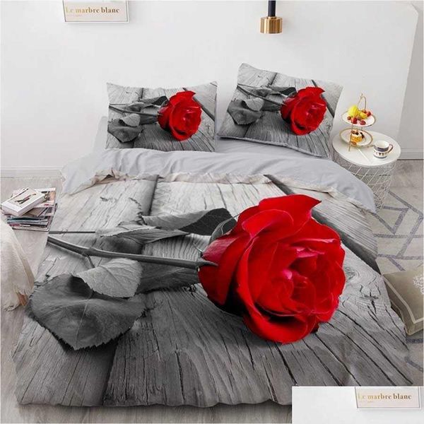Conjuntos de cama Wostar 100% Poliéster Conforter Set 3D Cama Duvet Er e Fronha Red Rose Floral Home Têxteis 2/3 Pcs Bedclothes Dr Dhay8
