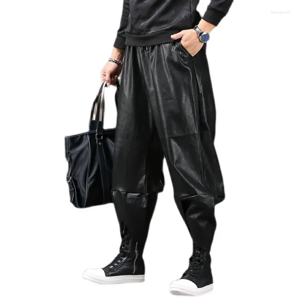 Сценическая одежда, мотобайкерские брюки из искусственной кожи, мужские беговые штаны-шаровары с эластичной резинкой на талии и карманами на молнии, черная уличная одежда, облегающая одежда