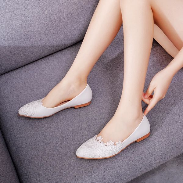 Cristal rainha ballet flats renda branca sapato de casamento deslizamento no dedo do pé apontado confortável avó barco 240202