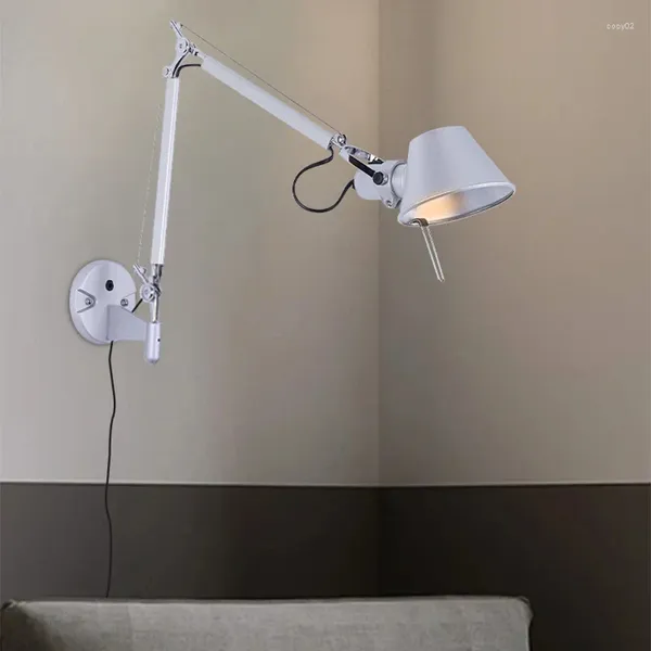 Lampada da parete in stile nordico moderno industriale, camera da letto, comodino, scrivania, lettura, pieghevole, braccio lungo, luce notturna in alluminio