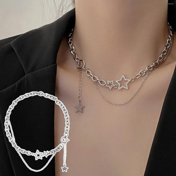 Anhänger Halsketten Shiny Star Layered Quaste Choker Halskette Y2k Schmuck Für Frauen 2024 Mode Pentagramm Silber Farbe Kette Zirkon Charme