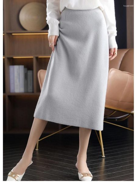 Юбки 2024, осень-зима, вязаная юбка с высокой талией, длинная юбка-карандаш, женские вязаные повседневные винтажные макси, теплые плотные миди