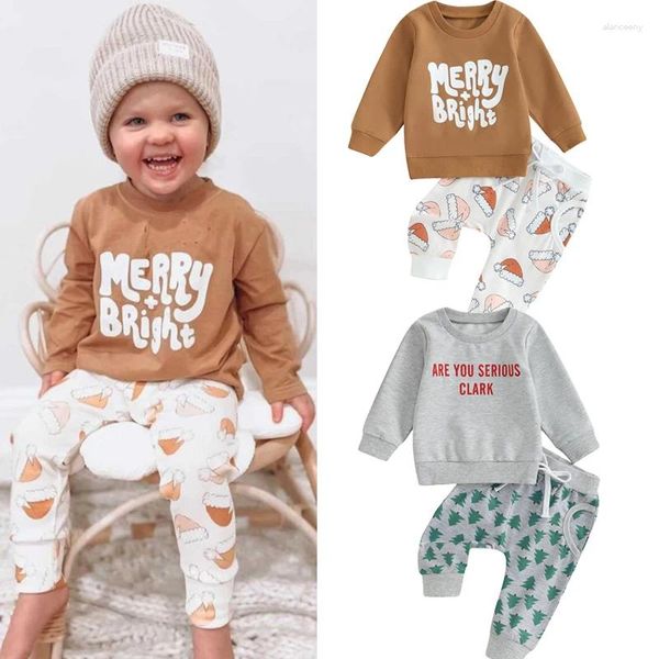 Giyim Setleri FocusNorm 3 Renk Bebek Bebek Erkekler Noel Giysileri 2pcs Uzun Kollu Mektup Külot Sweatshirt Ağacı/Noel Baba/Şapka Pantolon