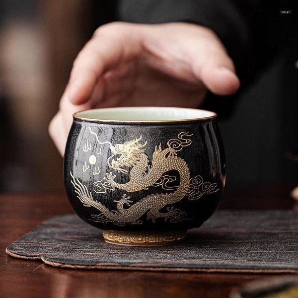 Copos pires 125ml dragão chinês e phoenix teacup tianmu esmalte tigela de chá pilha ouro mestre copo degustação pessoal chazhan teaware