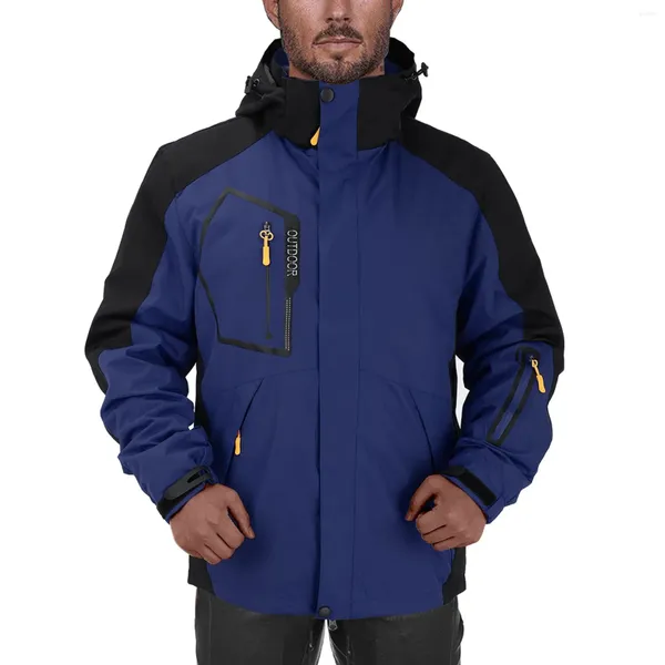 Jaquetas masculinas outono e inverno sólido contraste retalhos engrossado velo masculino jaqueta de esqui dos homens chuva respirável